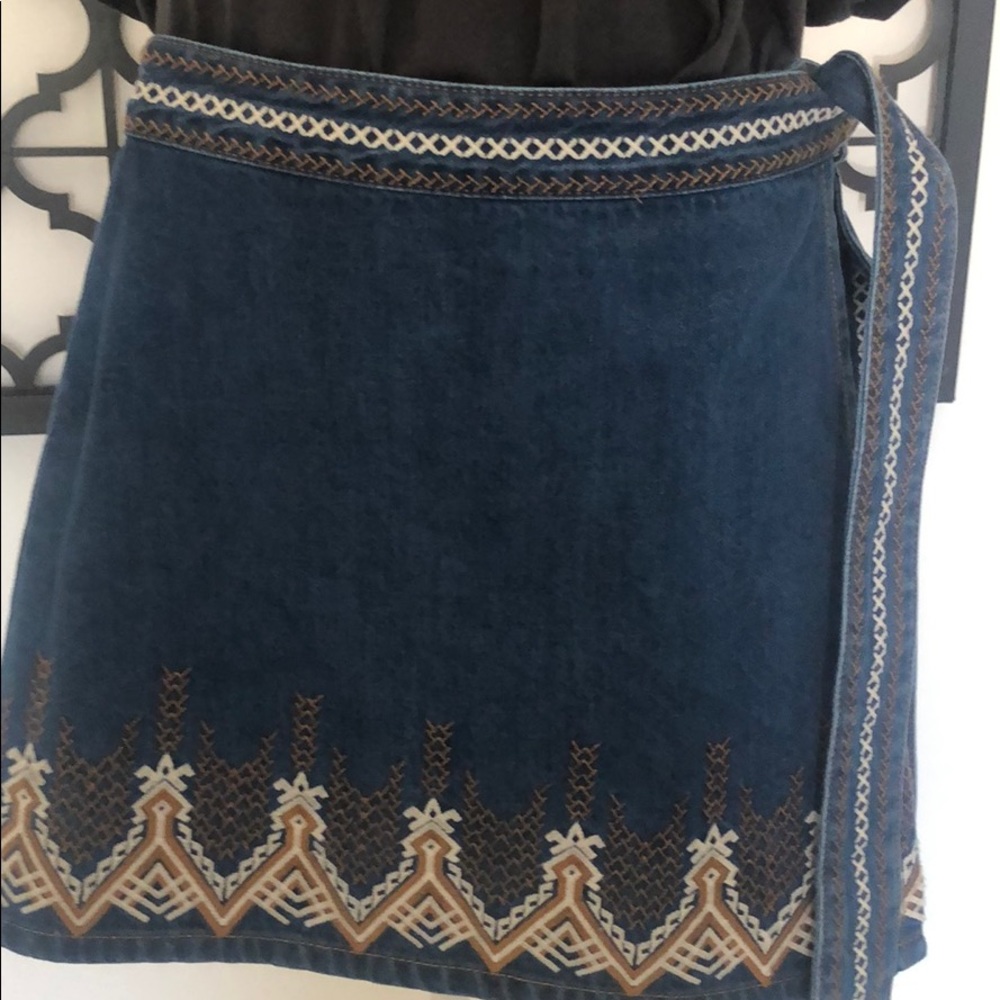 Free people embroidered denim wrap skirt